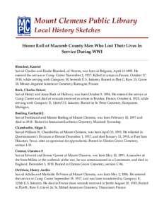 Mount Clemens Public Library Local History Sketches Honor Roll of Macomb County Men Who Lost Their Lives In Service During WWI Blondeel, Kamiel Son of Charles and Elodie Blondeel, of Warren, was born in Belgium, April 21