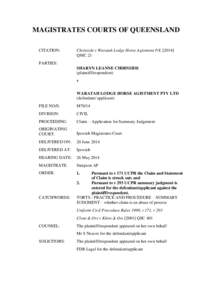 MAGISTRATES COURTS OF QUEENSLAND CITATION: Chirnside v Waratah Lodge Horse Agistment P/L[removed]QMC 21