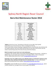 Sydney North Region Rover Council Barra Brui Maintenance Roster 2018 January February March April