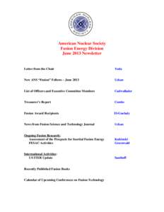 American Nuclear Society Fusion Energy Division June 2013 Newsletter Letter from the Chair