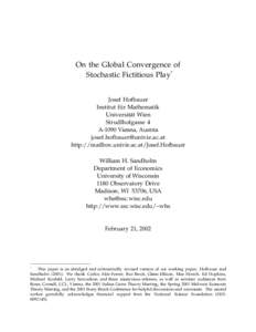 On the Global Convergence of Stochastic Fictitious Play* Josef Hofbauer Institut für Mathematik Universität Wien Strudlhofgasse 4
