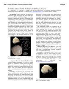 46th Lunar and Planetary Science Conference[removed]pdf PANDORA - UNLOCKING THE MYSTERIES OF THE MOONS OF MARS. C. A. Raymond1, T.H. Prettyman2, S. Diniega1, and the PANDORA Team. 1Jet Propulsion Laboratory, Califor