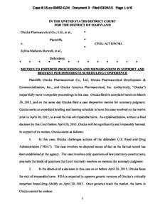 Case 8:15-cv[removed]GJH Document 3 Filed[removed]Page 1 of 6  IN THE UNITED STATES DISTRICT COURT FOR THE DISTRICT OF MARYLAND Otsuka Pharmaceutical Co., Ltd., et al.,