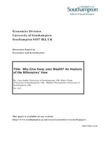 Economics Division University of Southampton Southampton SO17 1BJ, UK Discussion Papers in Economics and Econometrics