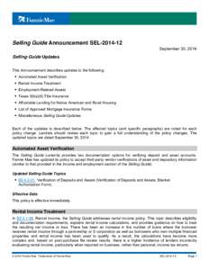 Selling Guide Announcement SEL[removed]September 30, 2014 Selling Guide Updates This Announcement describes updates to the following:
