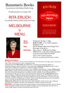 Beaumaris Books In association with Slattery Media Group Proudly presents an evening with RITA ERLICH