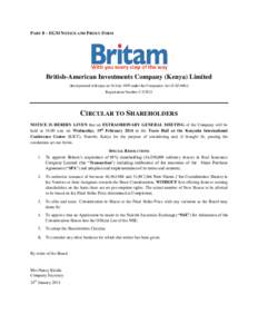 PART 8 – EGM NOTICE AND PROXY FORM  British-American Investments Company (Kenya) Limited (Incorporated in Kenya on 26 July 1995 under the Companies Act (CAPRegistration Number C