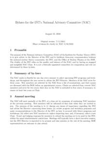 Bylaws for the INT’s National Advisory Committee (NAC)  August 12, 2016 Original version: Minor revisions for clarity by NAC: 