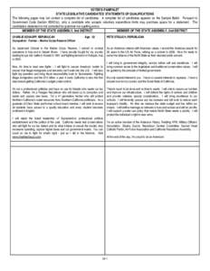 VOTER’S PAMPHLET STATE LEGISLATIVE CANDIDATES’ STATEMENTS OF QUALIFICATIONS The following pages may not contain a complete list of candidates. A complete list of candidates appears on the Sample Ballot. Pursuant to G
