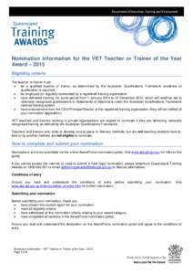 VET Teacher or Trainer of the Year Award - Nomination Information