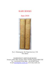 RARE BOOKS June 2018 No.11. Montesquieu. De l’Esprit des Loix 1748 First edition HAMISH RILEY-SMITH RARE BOOKS