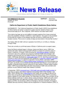News Release CALIFORNIA DEPARTMENT OF PUBLIC HEALTH FOR IMMEDIATE RELEASE October 22, 2014 PH14-087