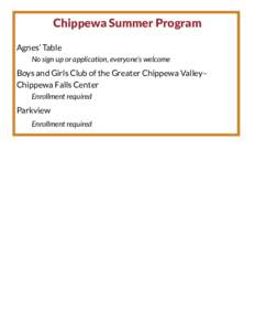 Chippewa Summer Program Agnes’ Table No sign up or application, everyone’s welcome Boys and Girls Club of the Greater Chippewa Valley– Chippewa Falls Center