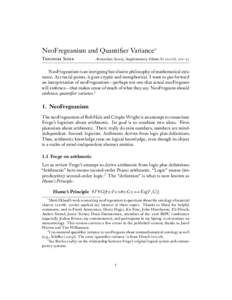 NeoFregeanism and Quantifier Variance∗ Theodore Sider Aristotelian Society, Supplementary Volume[removed]): 201–32  NeoFregeanism is an intriguing but elusive philosophy of mathematical existence. At crucial points, 
