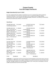 Craven County  Fiscal 2014 Budget Amendments Budget Amendments for June 14, 2014 Mr. Antry explained that the problem resulted from an error in programming with the collection transition to the State. The correction was 
