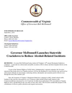 Commonwealth of Virginia Office of Governor Bob McDonnell      FOR IMMEDIATE RELEASE