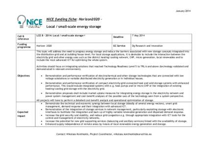JanuaryNiCE funding fiche: Horizon2020 – Local / small-scale energy storage Call & reference