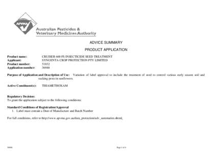 ADVICE SUMMARY PRODUCT APPLICATION Product name: Applicant: Product number: Application number: