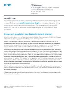 Whitepaper Cache Speculation Side-channels Author: Richard Grisenthwaite Date: January 2018 Version 1.1