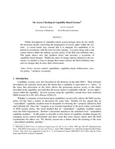 On Access Checking in Capability-Based Systems1 Richard Y. Kain Carl E. Landwehr  University of Minnesota