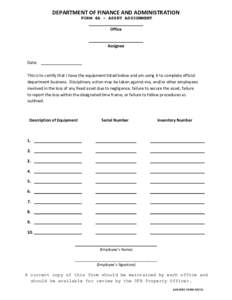 DEPARTMENT OF FINANCE AND ADMINISTRATION  FORM 4A - ASSET ASSIGNMENT        
