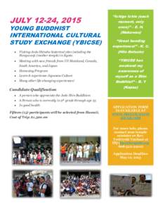 JULY 12-24, 2015  YOUNG BUDDHIST INTERNATIONAL CULTURAL STUDY EXCHANGE (YBICSE) 