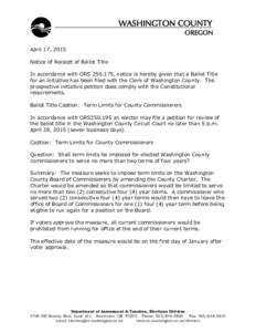 WASHINGTON COUNTY  OREGON April 17, 2015 Notice of Receipt of Ballot Title