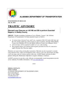 a ne Cls ALABAMA DEPARTMENT OF TRANSPORTATION FOR IMMEDIATE RELEASE July 28, 2016