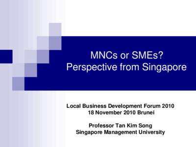 MNCs or SMEs? Perspective from Singapore Local Business Development Forum[removed]November 2010 Brunei Professor Tan Kim Song