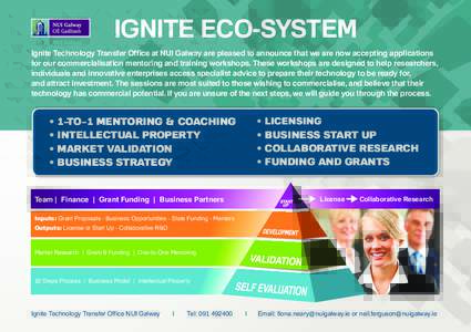 IGNITE ECO-SYSTEM Ignite Technology Transfer Office at NUI Galway are pleased to announce that we are now accepting applications for our commercialisation mentoring and training workshops. These workshops are designed to