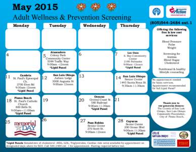 May 2015 Adult Wellness & Prevention Screening Monday Tuesday