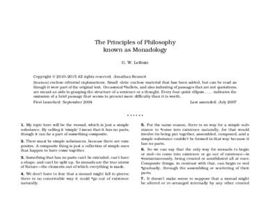 The Principles of Philosophy known as Monadology G. W. Leibniz Copyright © 2010–2015 All rights reserved. Jonathan Bennett [Brackets] enclose editorial explanations. Small ·dots· enclose material that has been added