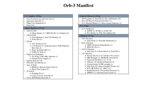 Orb-3 Manifest Crew Supplies (748 kg) Computer Resources (34 kg)  •
