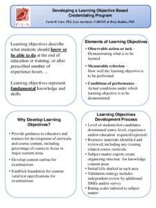 Developing a Learning Objective Based Credentialing Program Carla M. Caro, PES, Ezra Auerbach, NABCEP, & Betsy Redden, PMI Learning objectives describe what students should know or