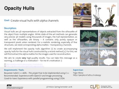 Opacity Hulls Goal: Create visual hulls with alpha channels Description: Visual hulls are 3D representations of objects extracted from the silhouette of the object from multiple angles. While state-of-the-art methods can