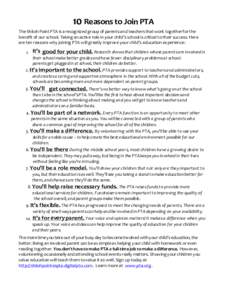 10 Reasons to Join PTA The Shiloh Point PTA is a recognized group of parents and teachers that work together for the benefit of our school. Taking an active role in your child’s school is critical to their success. Her