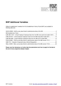 BHP Additional Variables Different establishment variables from the Establishment History Panel (BHP) are available for following data sets: ALWA-ADIAB - ALWA survey data linked to administrative data of the IAB ........