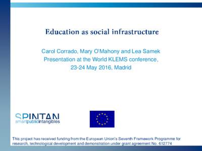 Carol Corrado, Mary O’Mahony and Lea Samek Presentation at the World KLEMS conference, 23-24 May 2016, Madrid This project has received funding from the European Union’s Seventh Framework Programme for research, tech
