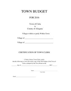 TOWN BUDGET FOR 2016 Town of Cuba in  County of Allegany
