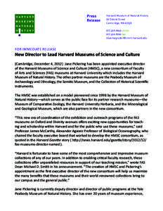 Press Release Harvard Museum of Natural History 26 Oxford Street Cambridge, MA 02138