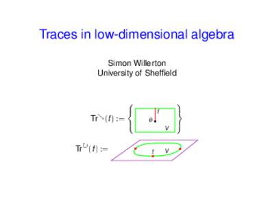 Traces in low-dimensional algebra Simon Willerton University of Sheffield Tr& (f ) := Tr (f ) :=
