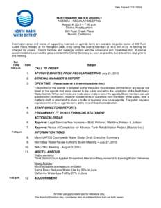 Date Posted: NORTH MARIN WATER DISTRICT AGENDA - REGULAR MEETING August 4, 2015 – 7:00 p.m. District Headquarters