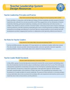 Teacher Leadership System Design Resources Teacher Leadership: Principles and Practice Alma Harris and Daniel Muijs; National College for School Leadership (NCSL[removed]Harris and Muijs, in conjunction with the National