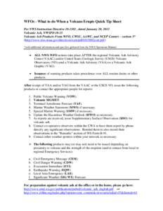 WFOs - What to do When a Volcano Erupts Quick Tip Sheet Per NWS Instruction Directive[removed] , dated January 20, 2012 Volcanic Ash, NWSPD[removed]Volcanic Ash Products From WFO, CWSU, AAWU, and NCEP Centers – section 5*