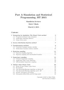 Part A Simulation and Statistical Programming, HT 2015 Simulation lectures Matti Vihola March 9, 2015