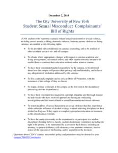 December 2, 2014  The City University of New York Student Sexual Misconduct Complainants’ Bill of Rights