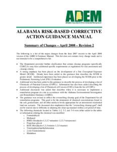 ALABAMA RISK-BASED CORRECTIVE ACTION GUIDANCE MANUAL Summary of Changes – April 2008 – Revision 2 The following is a list of the major changes from the June 2007 version to the April 2008 version of the ARBCA Guidanc
