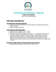 Comments to the Board - External Table of Contents May 12, 2016 Board Meeting FOR PUBLIC DISTRIBUTION Correspondence with Elected Officials