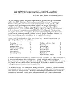 2014 PENNSYLVANIA BOATING ACCIDENT ANALYSIS By Ryan C. Walt – Boating Accident Review Officer The total number of reported recreational boating accidents in Pennsylvania in 2014 increased slightly from[removed]Boaters an