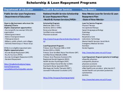 Scholarship & Loan Repayment Programs Department of Education Health & Human Services  New Mexico